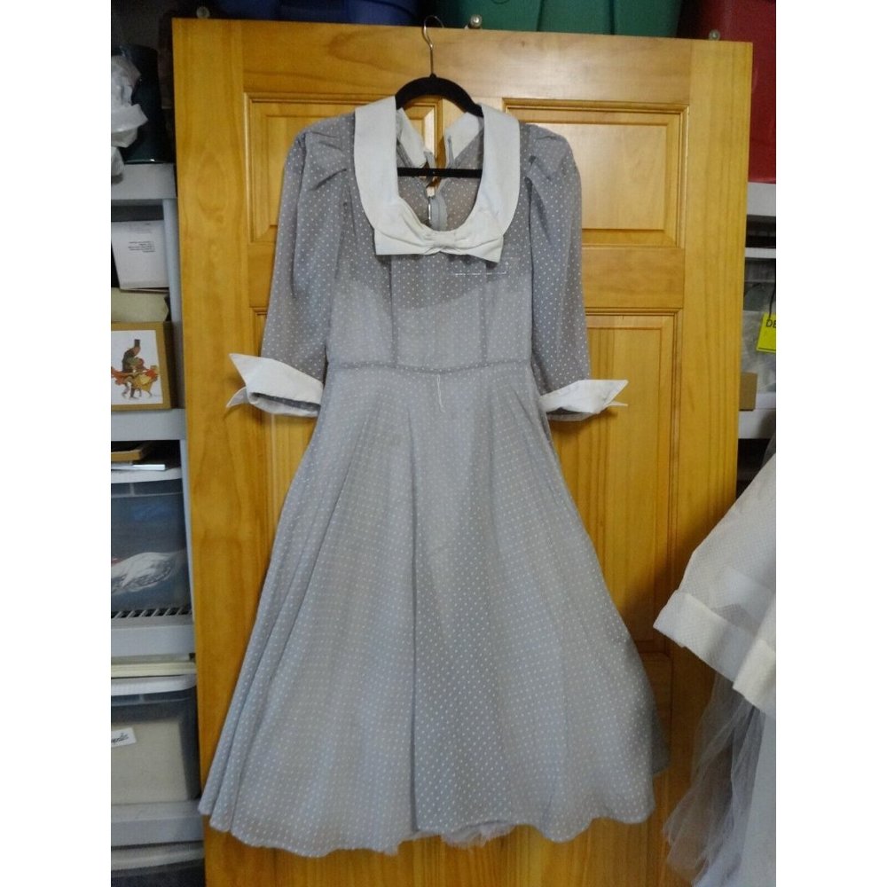 Vtg 50s flocked‎ polk-a-dot Sheer Gray party dress White Collar Ladies Small 6/8